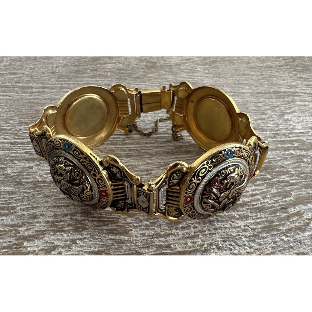 Vintage Gold Tone Dragon Bracelet Red Blue Flowers Renaissance Byzantine Circle